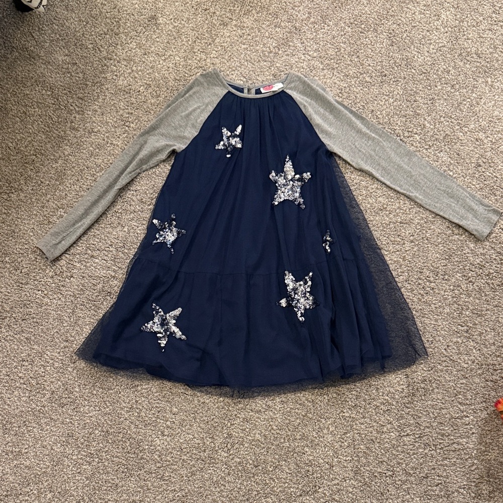 Boden Navy Gray Sequin Stars Long Sleeve Dress with tulle size 8-9 years